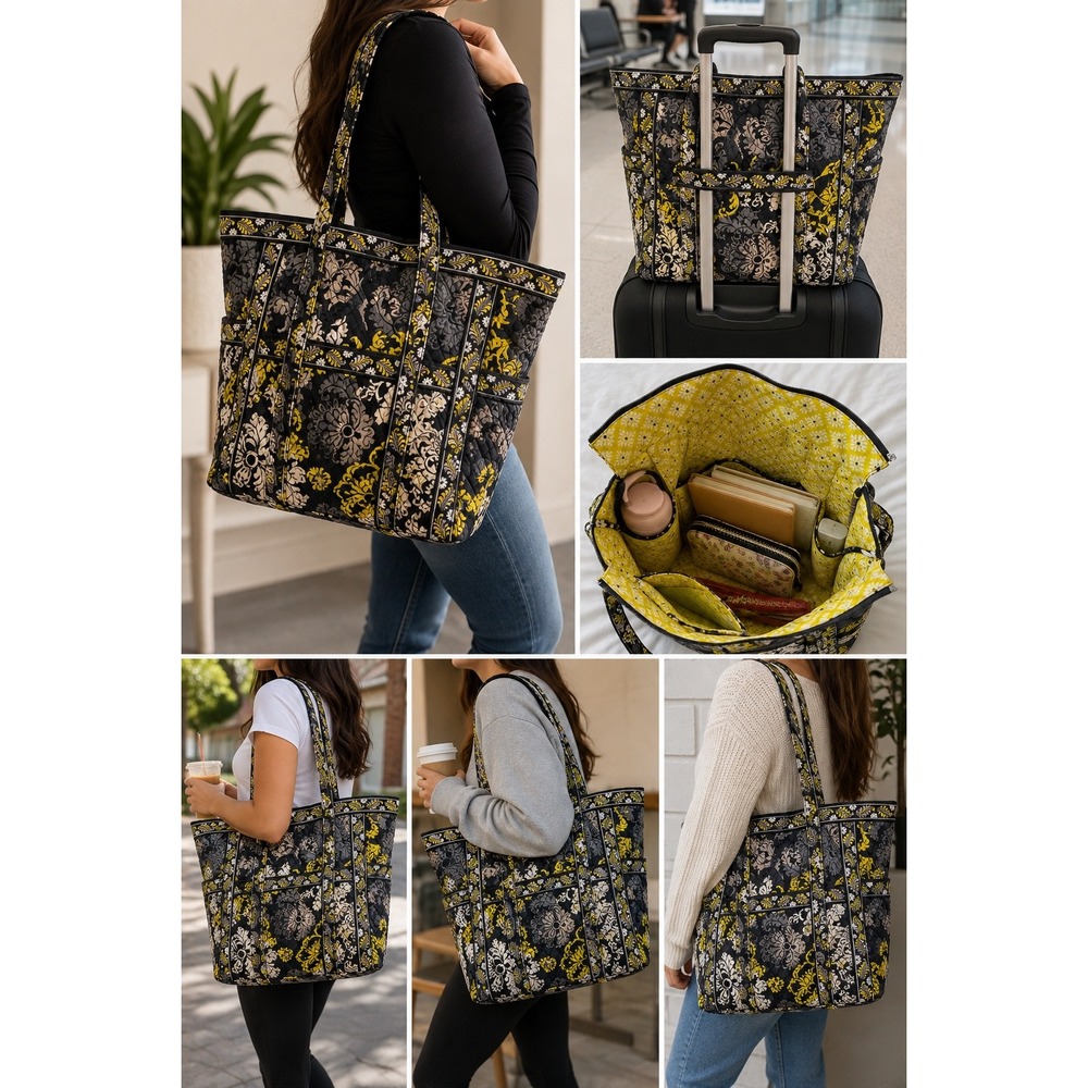 VTG Vera Bradley Provencal Quilted Cotton Tote Bag Black Yellow Travel Bag